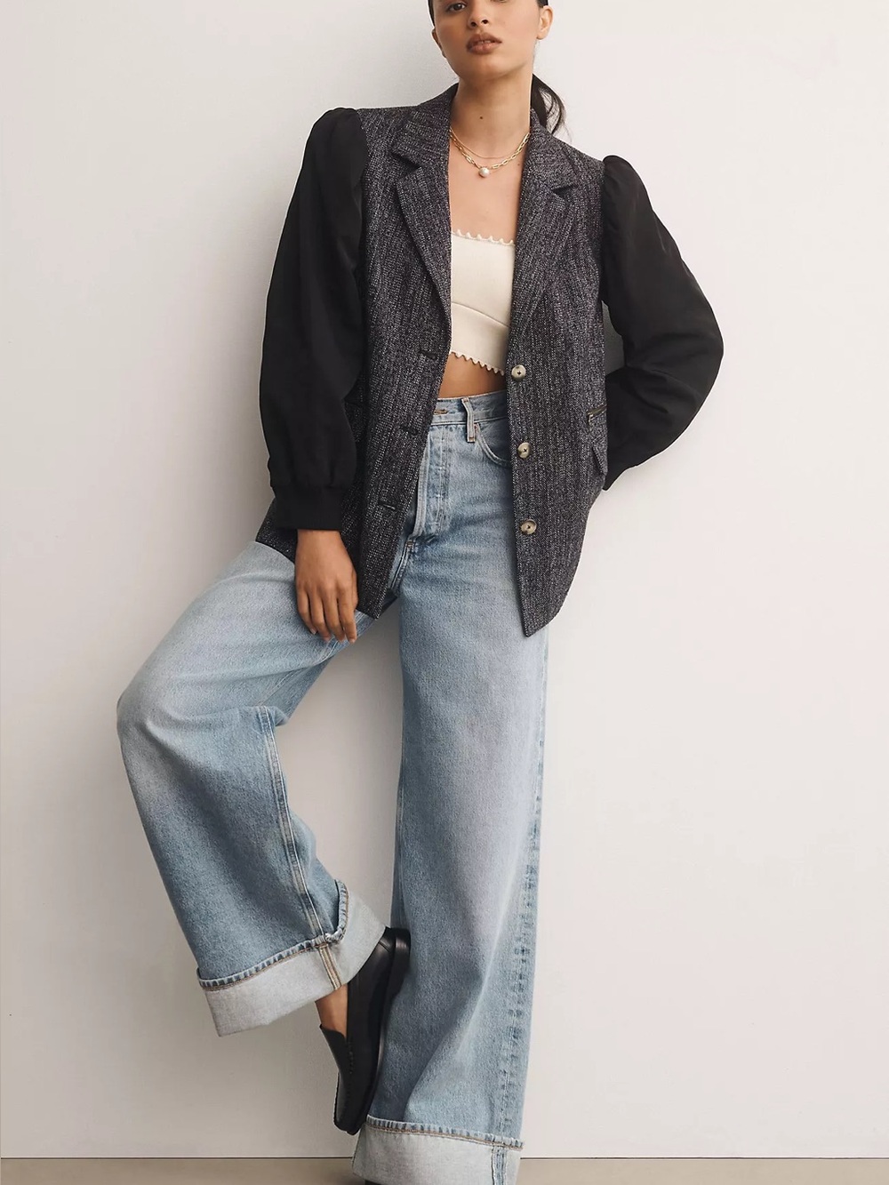 Anthropologie Maeve Mixed Media Relaxed Blazer Jacket Medium Black Grey